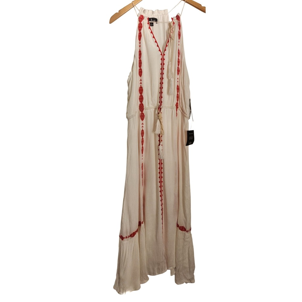 Lulus‎ White Red Embroidered White Midi Dress NWT Boho Tassel Tie Size L
